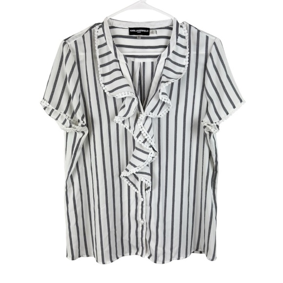Karl Lagerfeld Paris Short Sleeve Lace Trim Ruffle Button Down Top - Picture 1 of 9